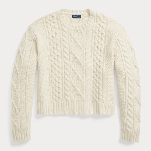 Ralph Lauren Aran-Knit Wool-Blend Crewneck Sweater in Cream